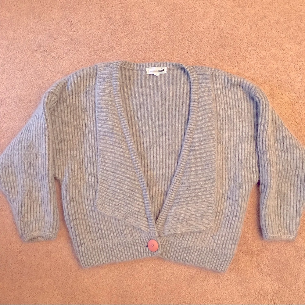 Crocodile Mohair Wool Cardigan Sweater Womens Small Light Grey Chunky Oversized